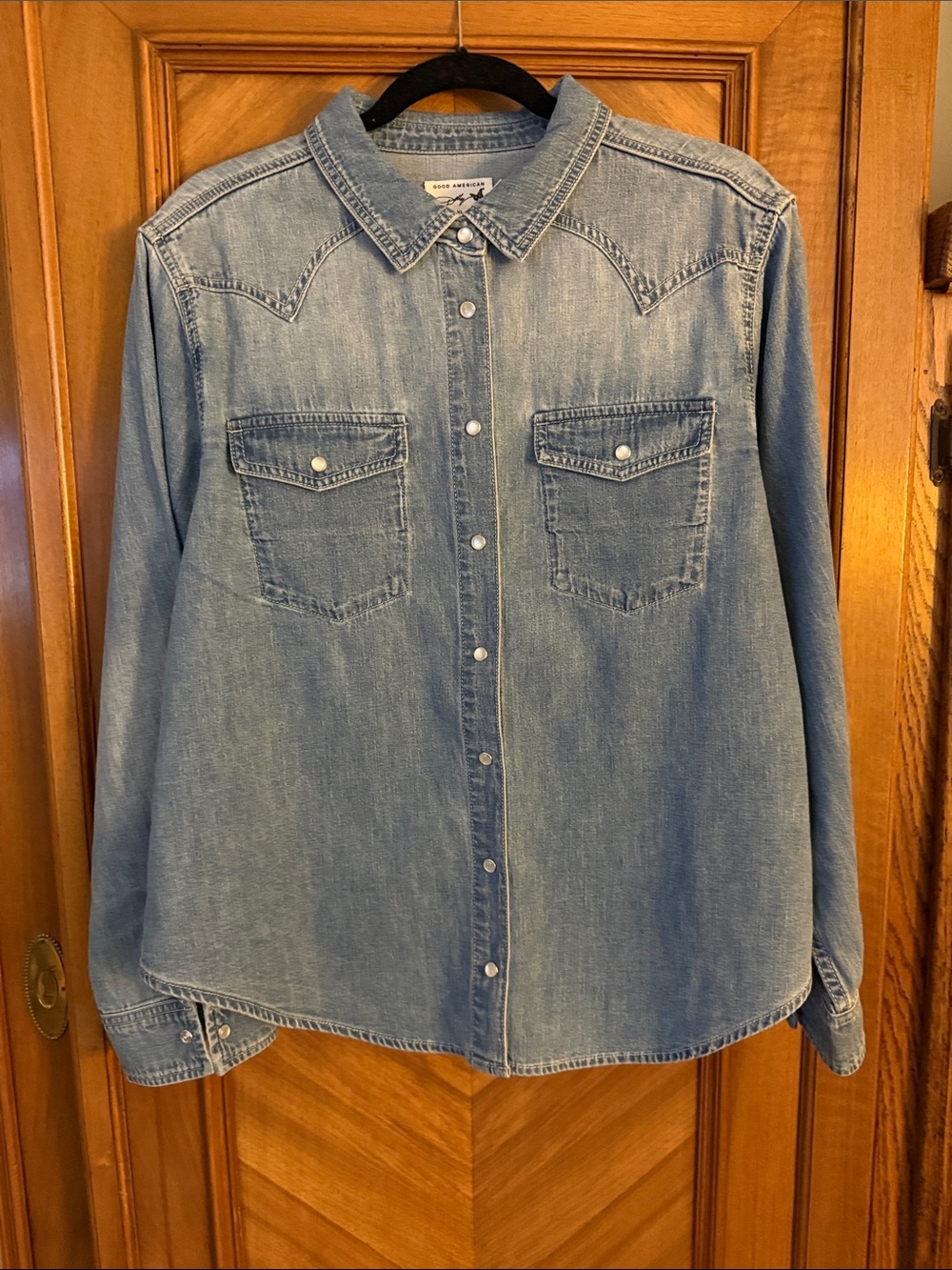 Good American  Dolly Slim Fit Light Blue Denim Western Shirt - XL